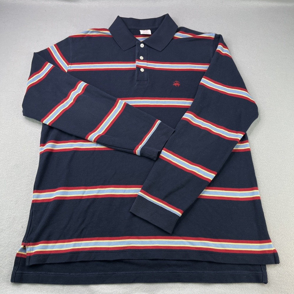 Brooks Brothers Mens Large Polo Shirt Long Sleeve Striped Navy Blue Red